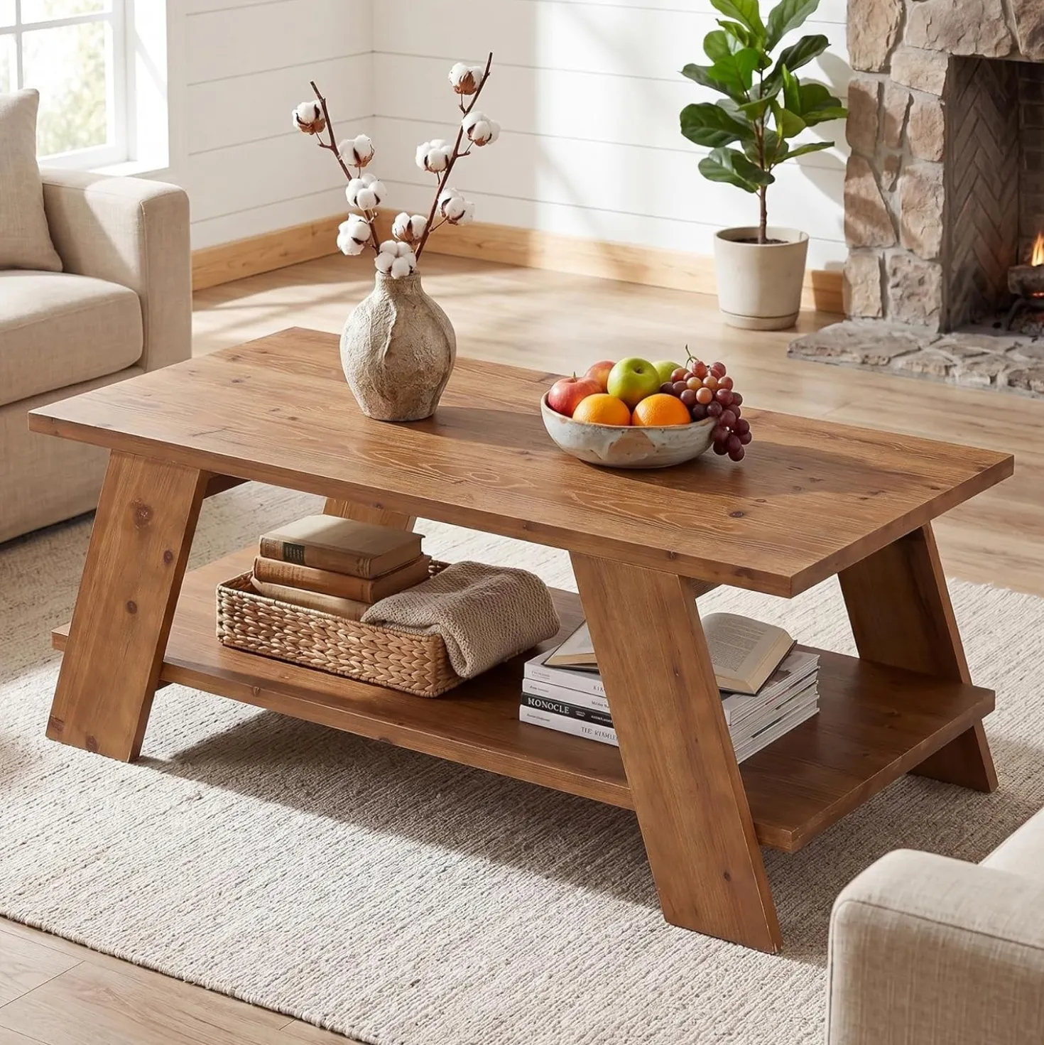 47" Solid Wood Coffee Table, 2-Tier Rectangle Center Table with Storage Shelf for Living Room