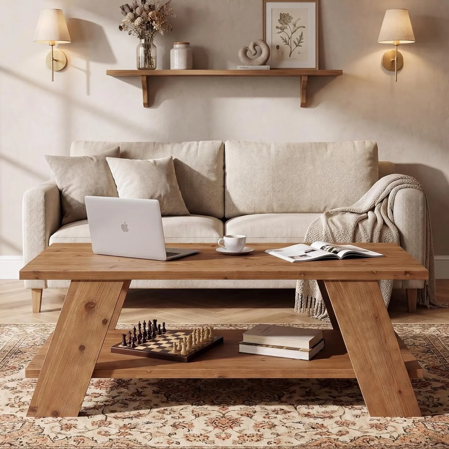 47" Solid Wood Coffee Table, 2-Tier Rectangle Center Table with Storage Shelf for Living Room