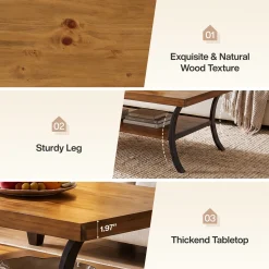 47.24" Solid Wood Coffee Table, 2-Tier Rectangular Center Table with Curved Metal Legs