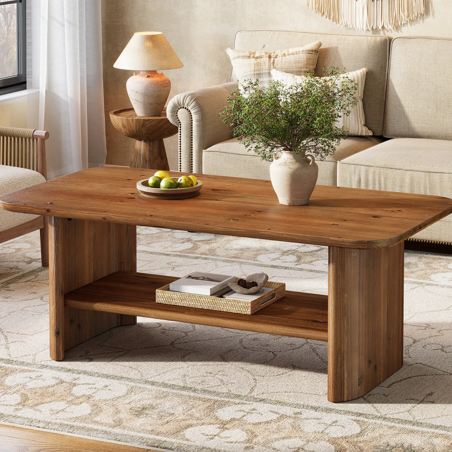 47" Solid Wood Coffee Table, Rectangle Center Table with 2-Tier Storage