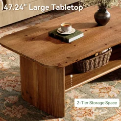 47" Solid Wood Coffee Table, Rectangle Center Table with 2-Tier Storage