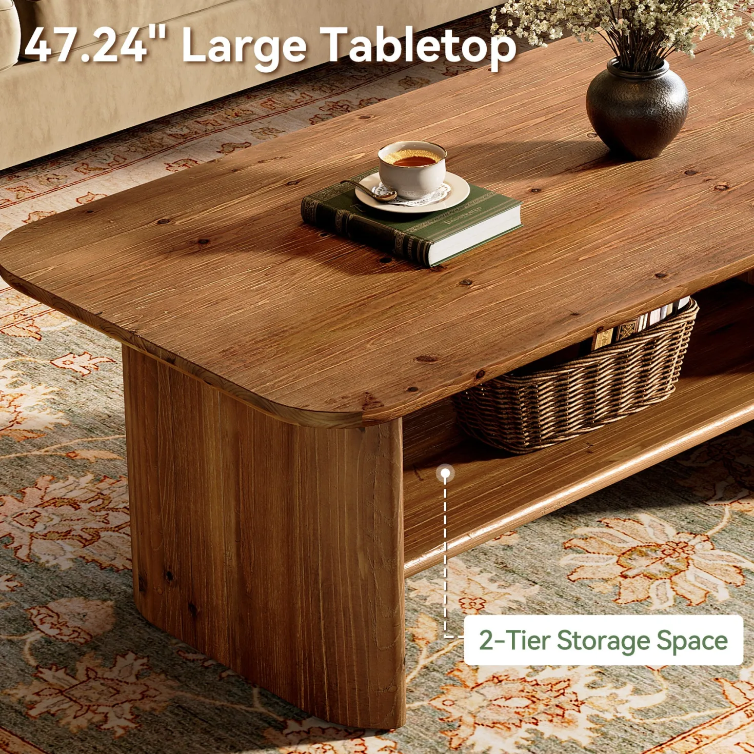 47" Solid Wood Coffee Table, Rectangle Center Table with 2-Tier Storage