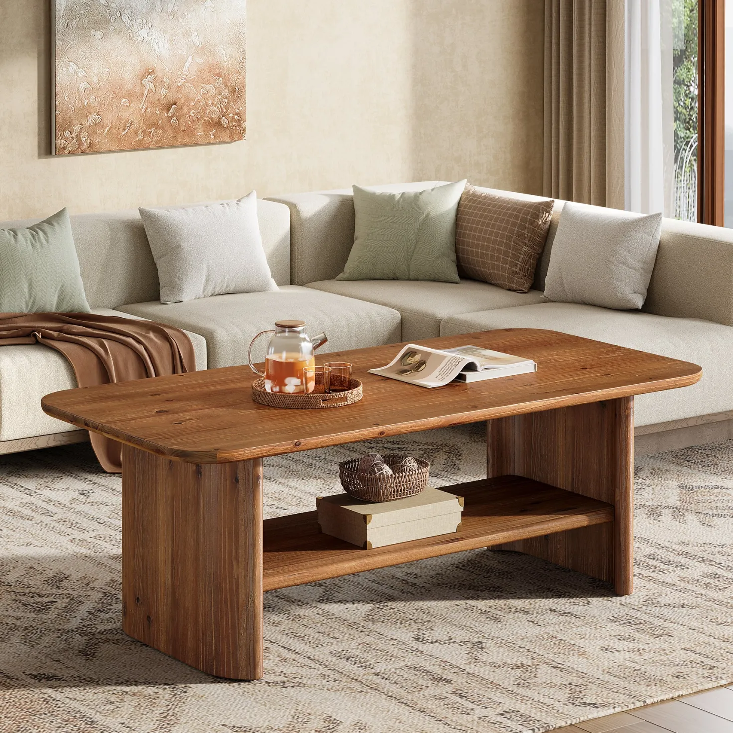 47" Solid Wood Coffee Table, Rectangle Center Table with 2-Tier Storage