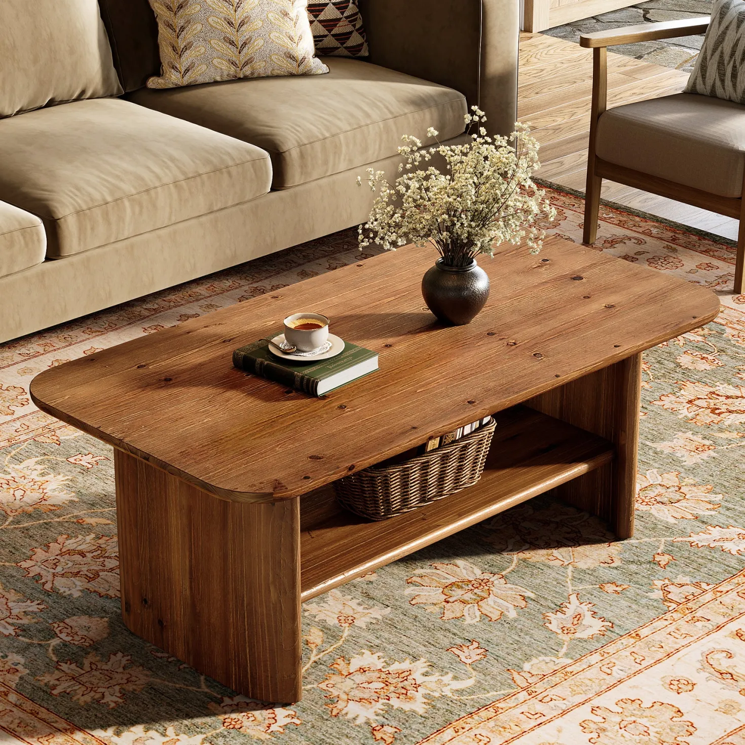 47" Solid Wood Coffee Table, Rectangle Center Table with 2-Tier Storage
