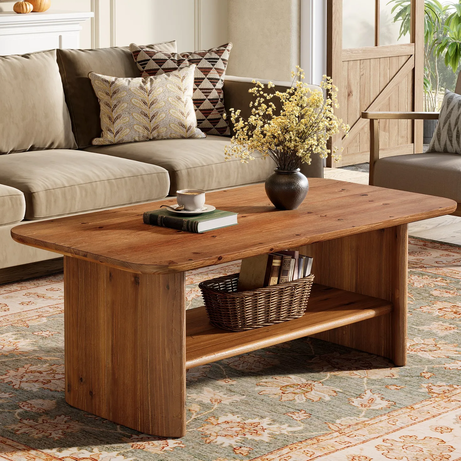 47" Solid Wood Coffee Table, Rectangle Center Table with 2-Tier Storage