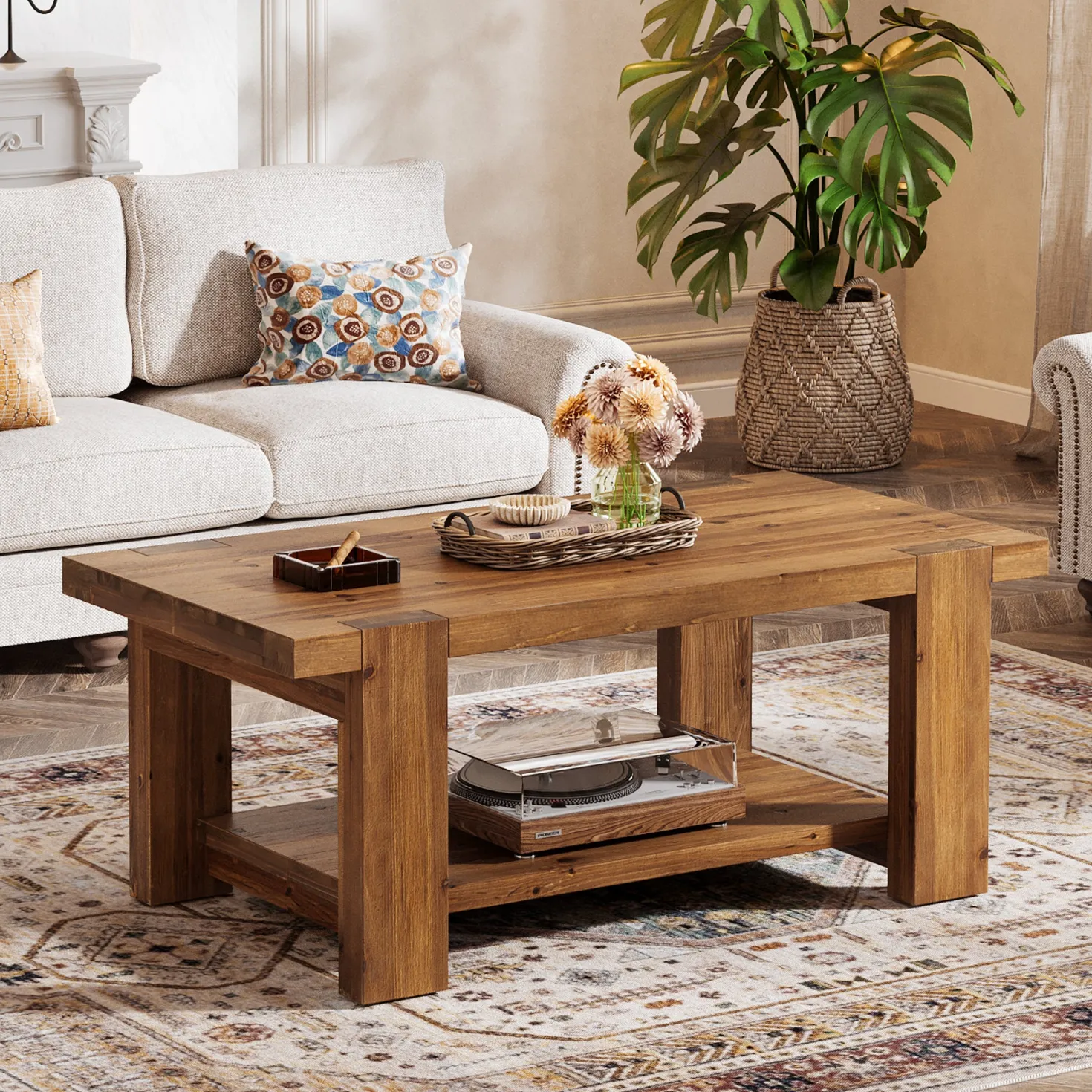 47.2" Solid Wood Coffee Table, Rectangle Center Table with 2-Tier Storage Shelf