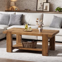 47.2" Solid Wood Coffee Table, Rectangle Center Table with 2-Tier Storage Shelf