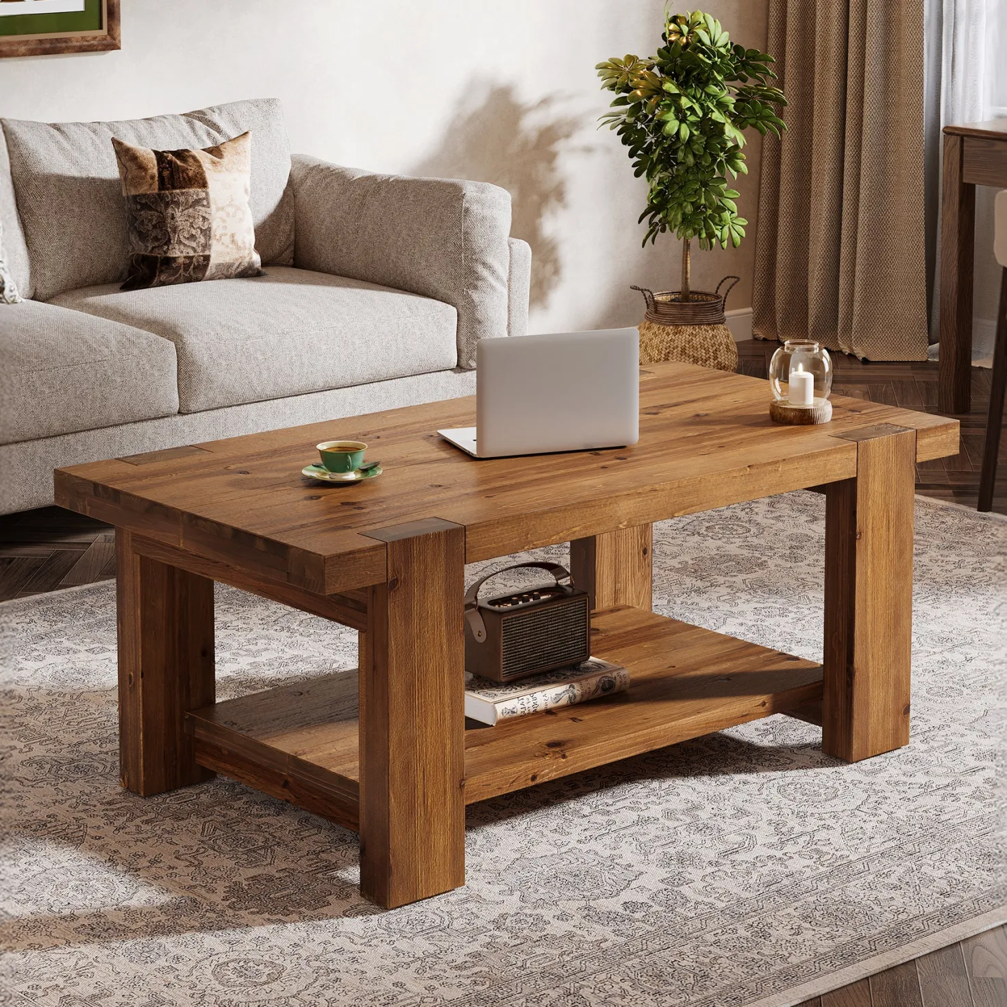 47.2" Solid Wood Coffee Table, Rectangle Center Table with 2-Tier Storage Shelf