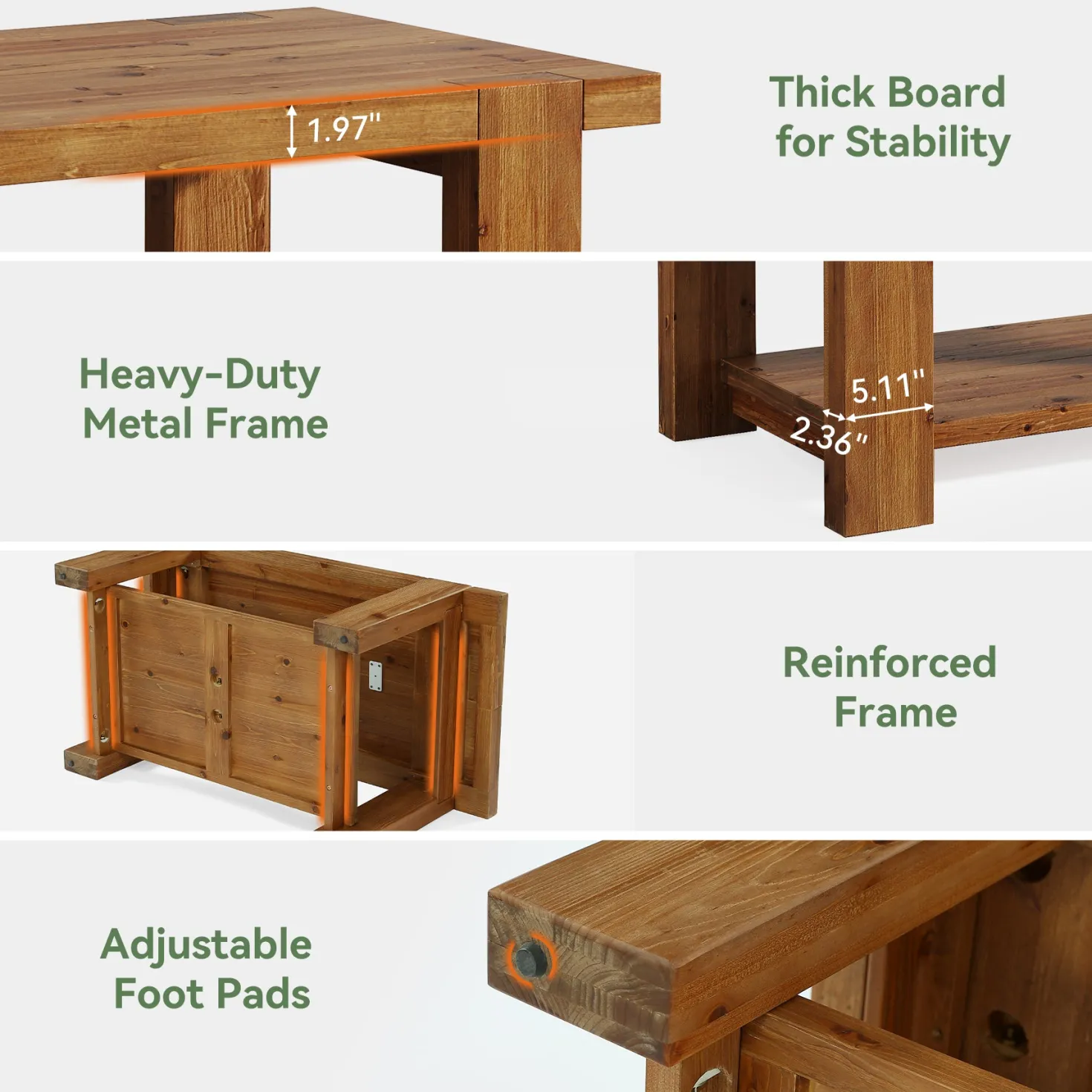 47.2" Solid Wood Coffee Table, Rectangle Center Table with 2-Tier Storage Shelf
