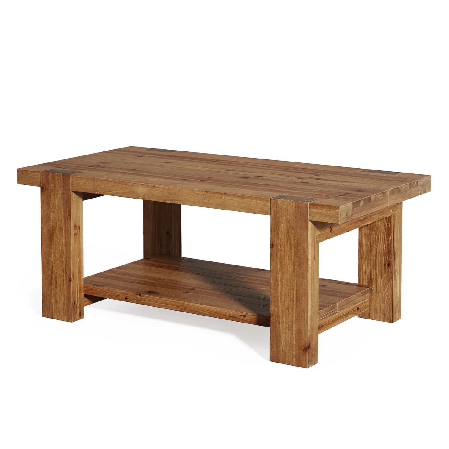 47.2" Solid Wood Coffee Table, Rectangle Center Table with 2-Tier Storage Shelf
