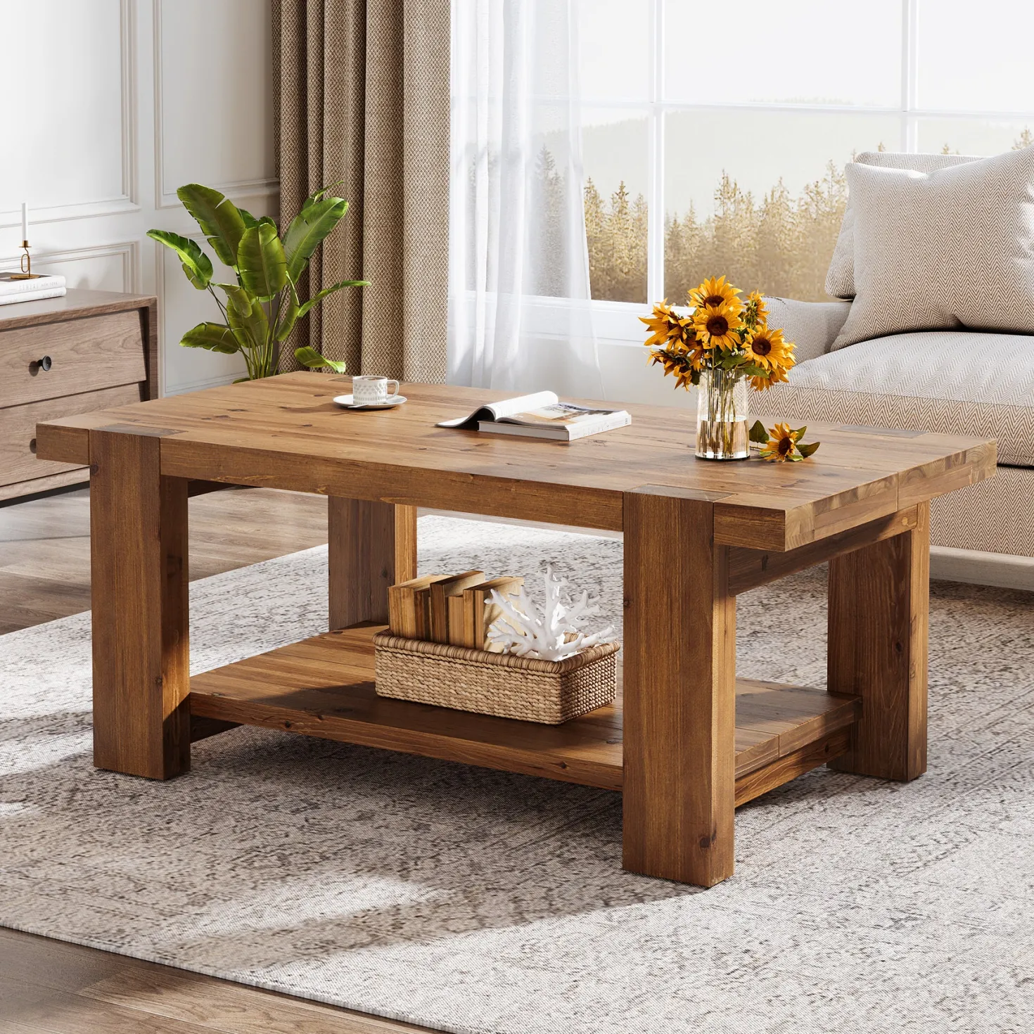 47.2" Solid Wood Coffee Table, Rectangle Center Table with 2-Tier Storage Shelf