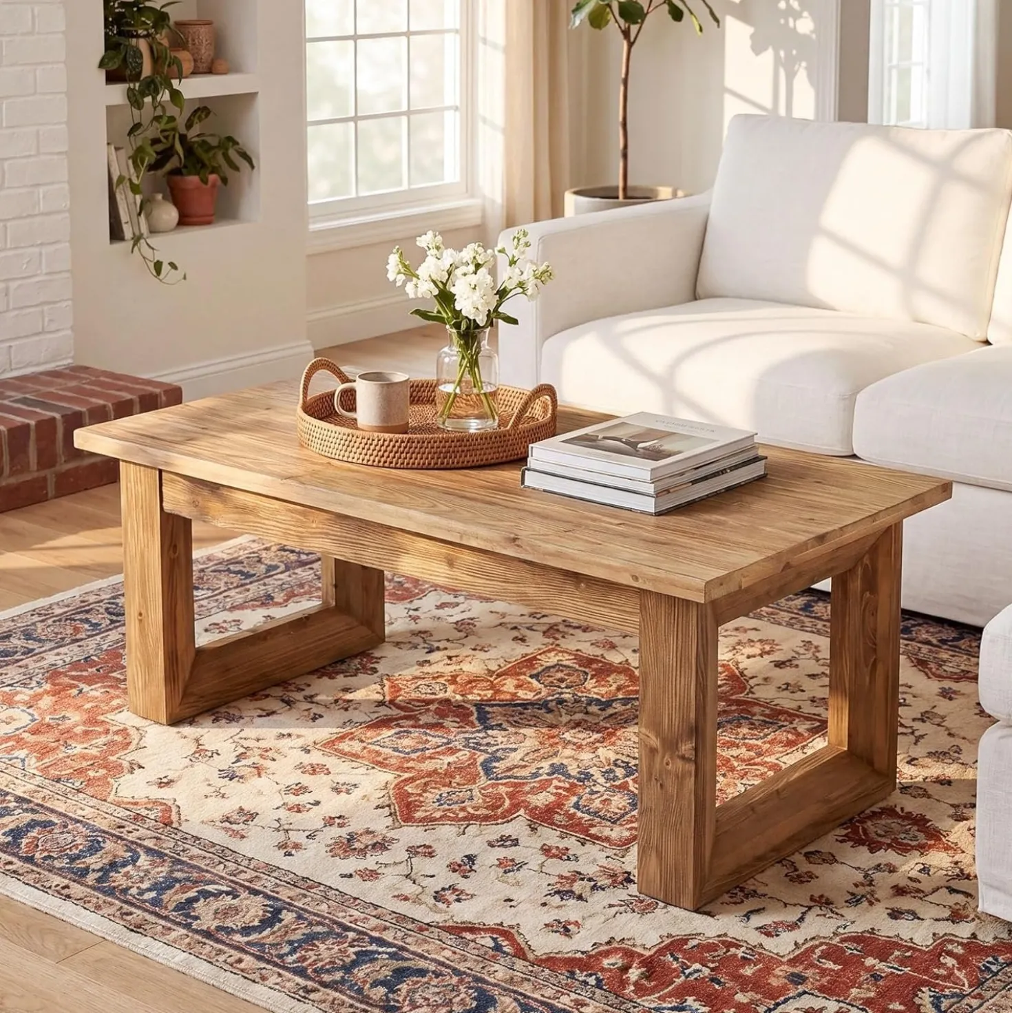 47.2" Solid Wood Coffee Table, Rectangular Accent Center Cocktail Table with U-Shape Legs