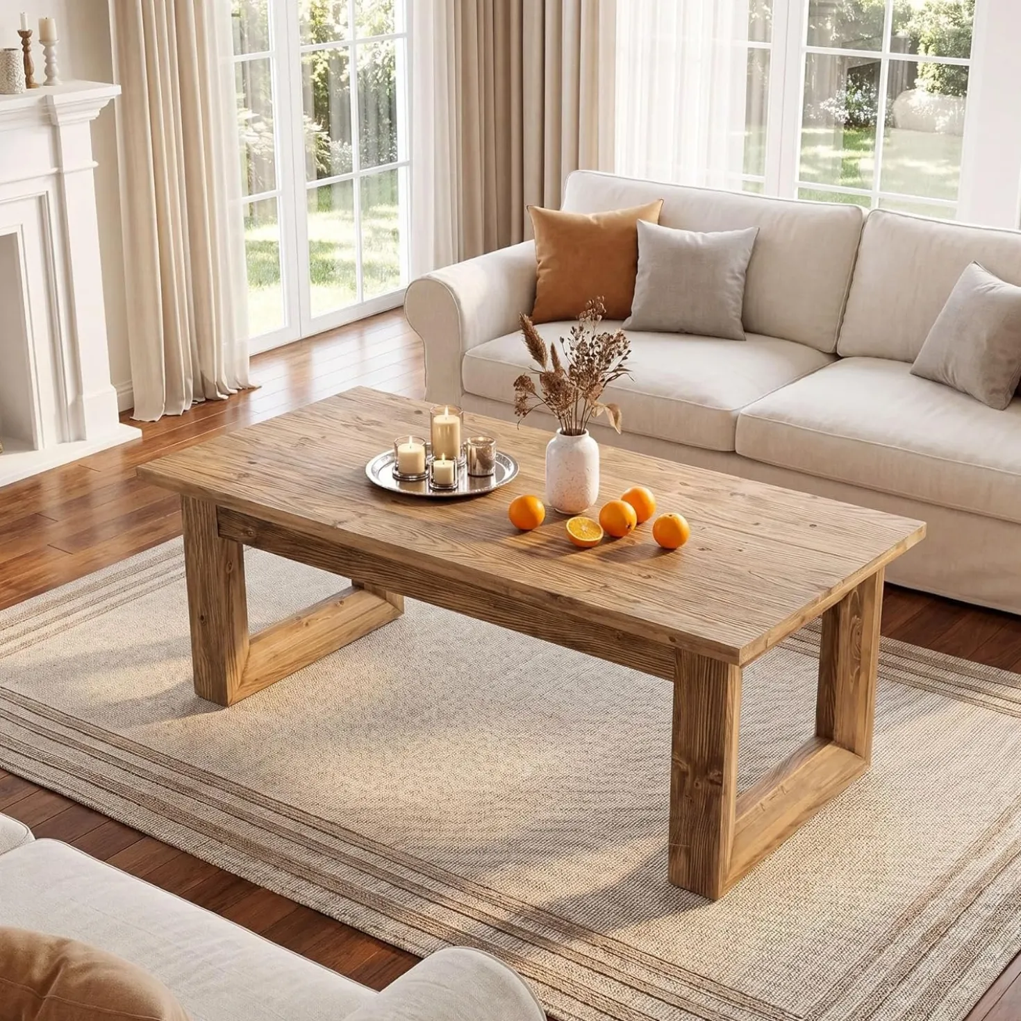 47.2" Solid Wood Coffee Table, Rectangular Accent Center Cocktail Table with U-Shape Legs