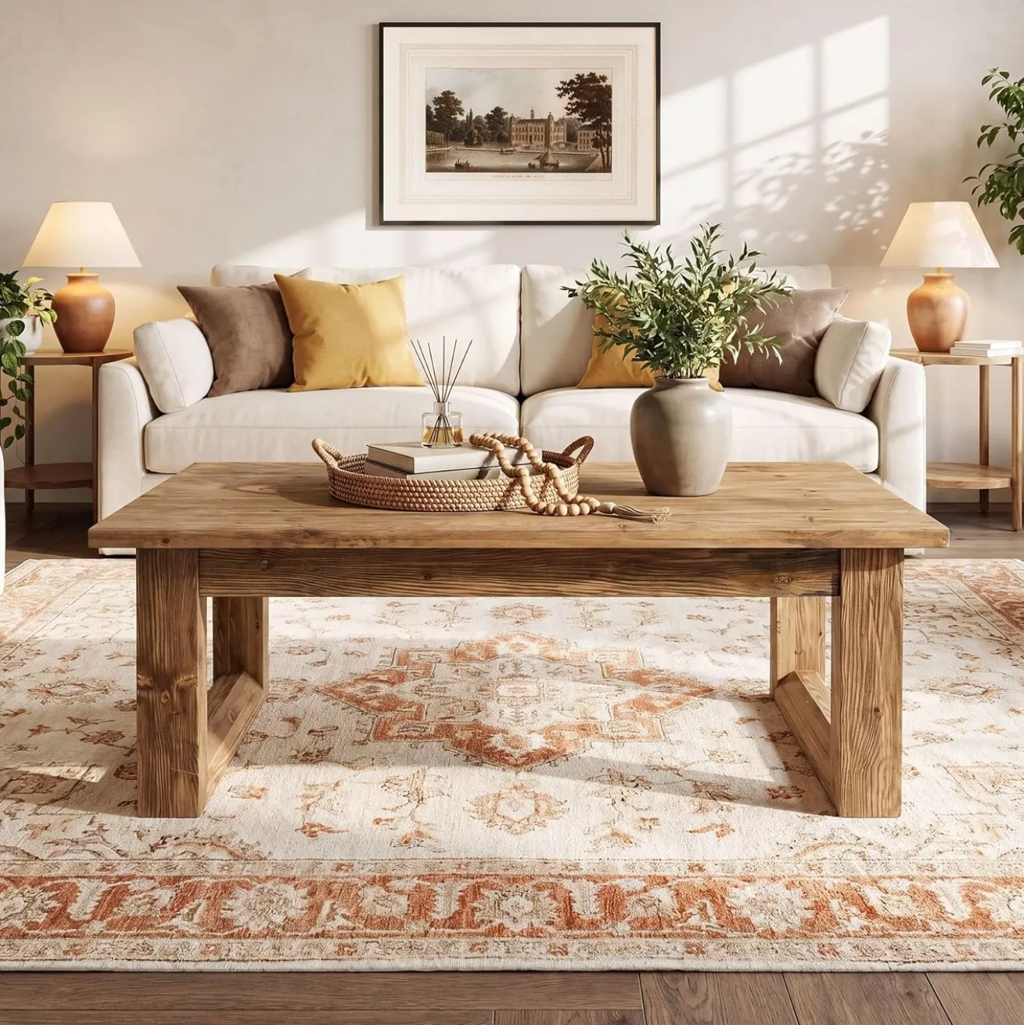 47.2" Solid Wood Coffee Table, Rectangular Accent Center Cocktail Table with U-Shape Legs