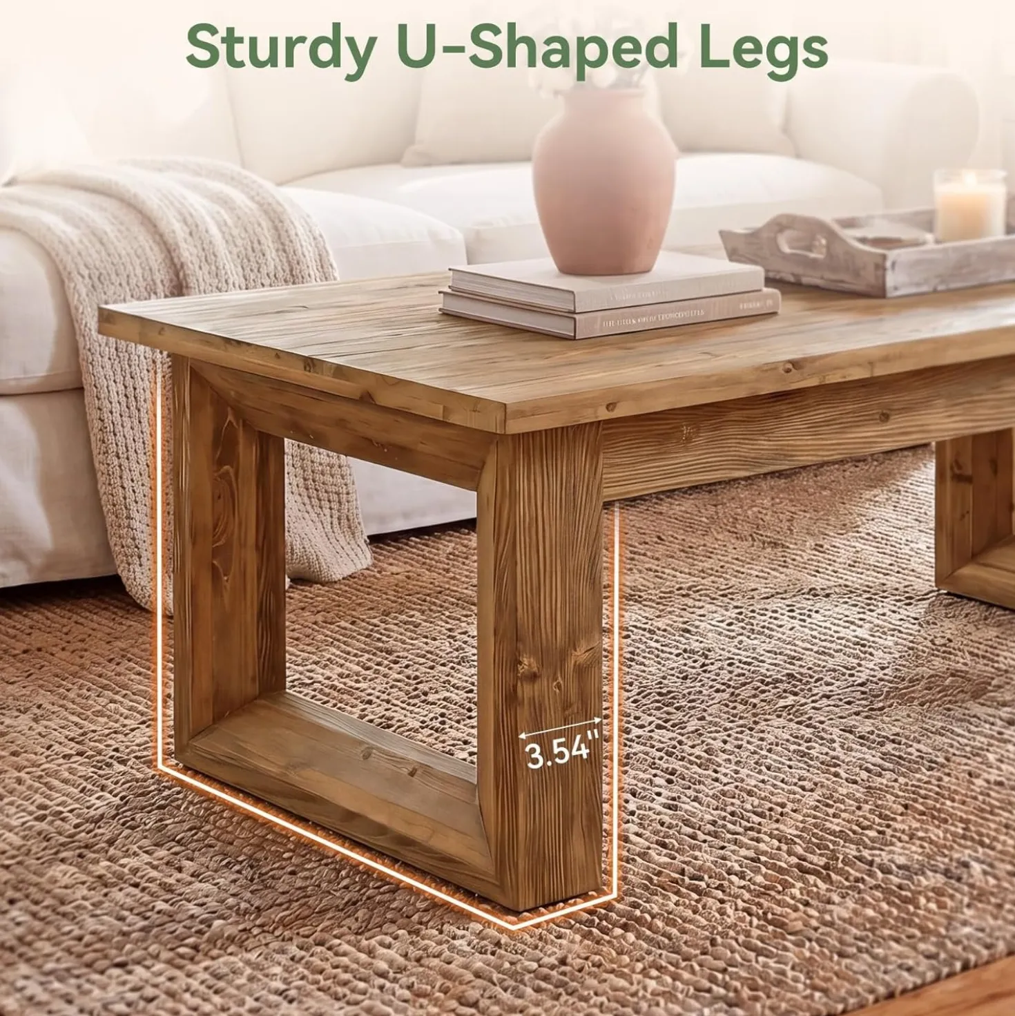 47.2" Solid Wood Coffee Table, Rectangular Accent Center Cocktail Table with U-Shape Legs