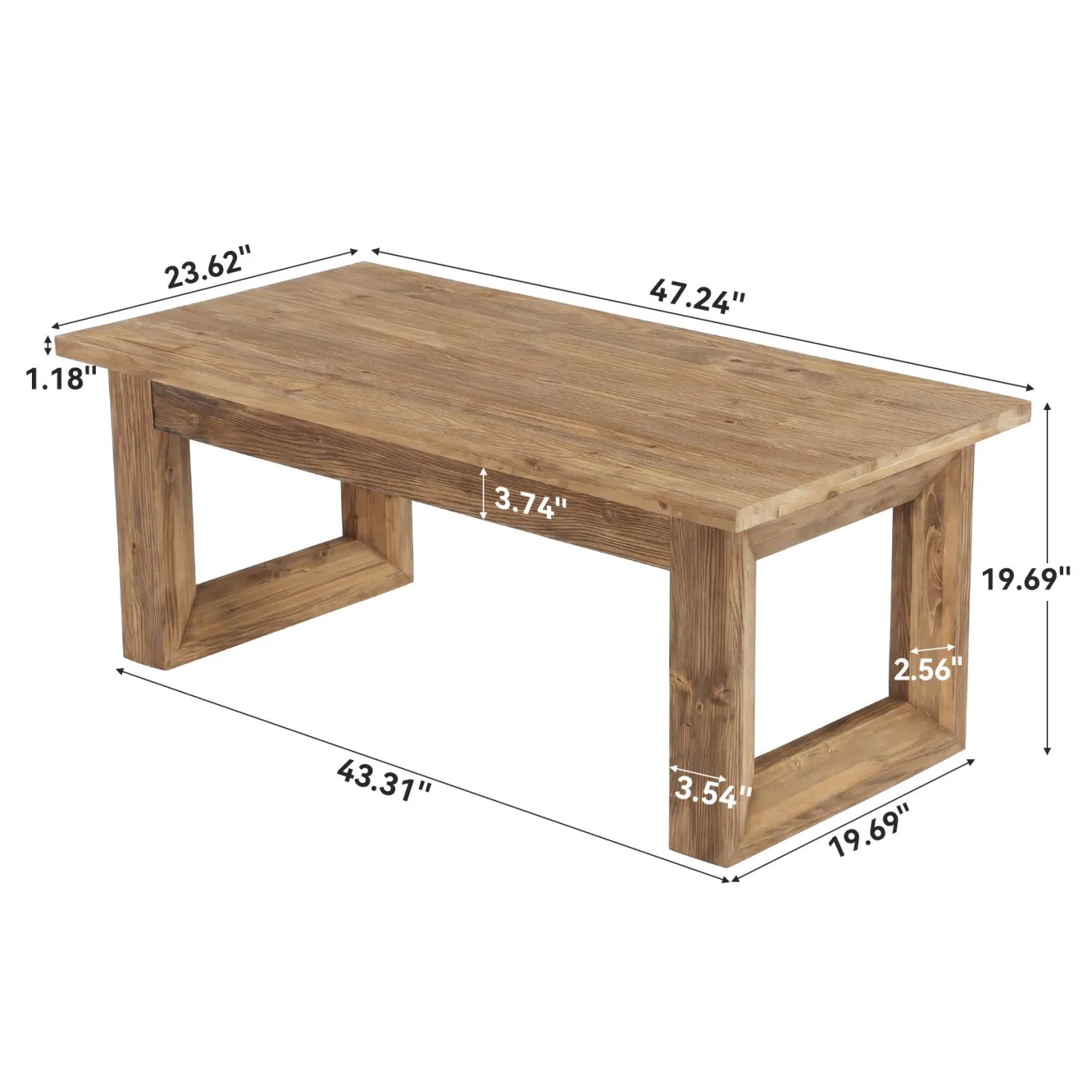 47.2" Solid Wood Coffee Table, Rectangular Accent Center Cocktail Table with U-Shape Legs