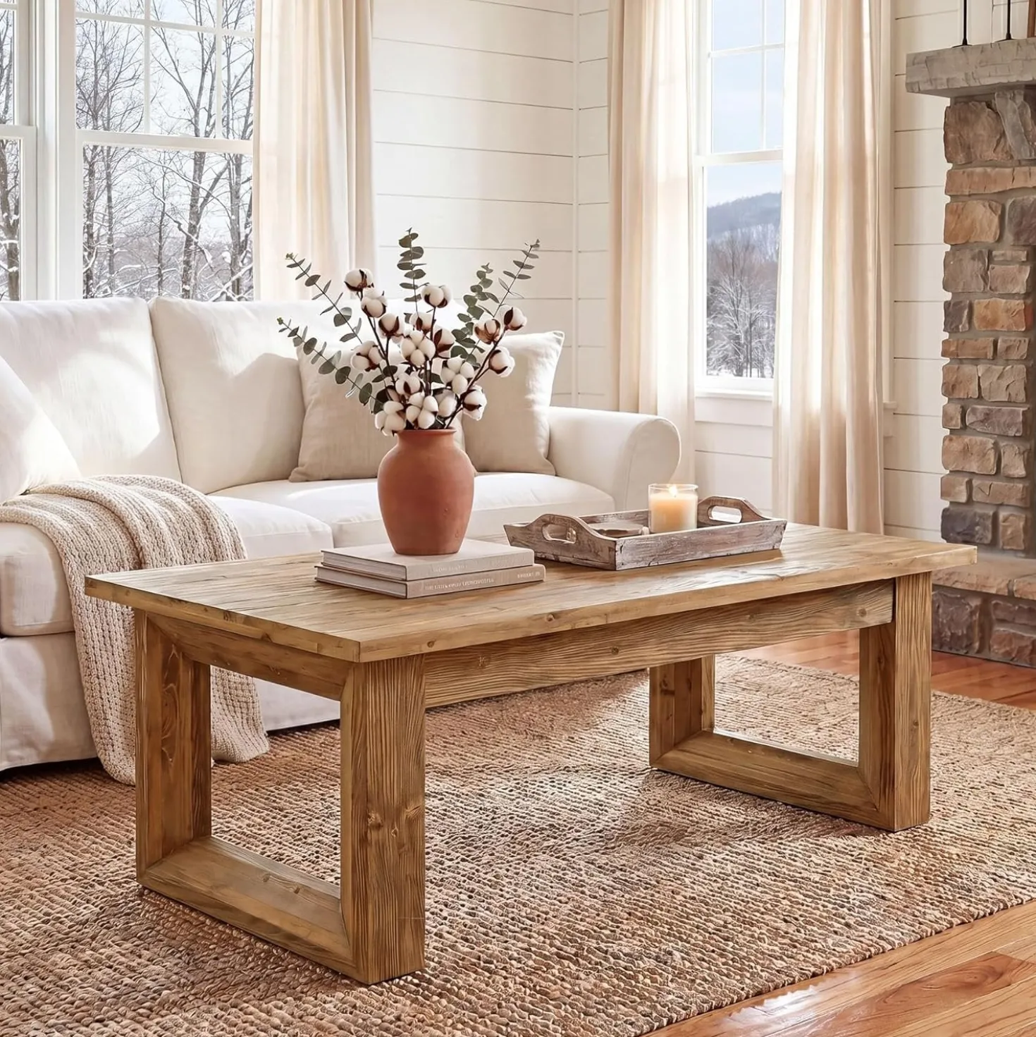 47.2" Solid Wood Coffee Table, Rectangular Accent Center Cocktail Table with U-Shape Legs