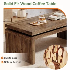 47" Solid Wood Coffee Table, Farmhouse Rectangle Cocktail Table with Thick Tabletop for Living Room