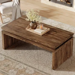 47" Solid Wood Coffee Table, Farmhouse Rectangle Cocktail Table with Thick Tabletop for Living Room