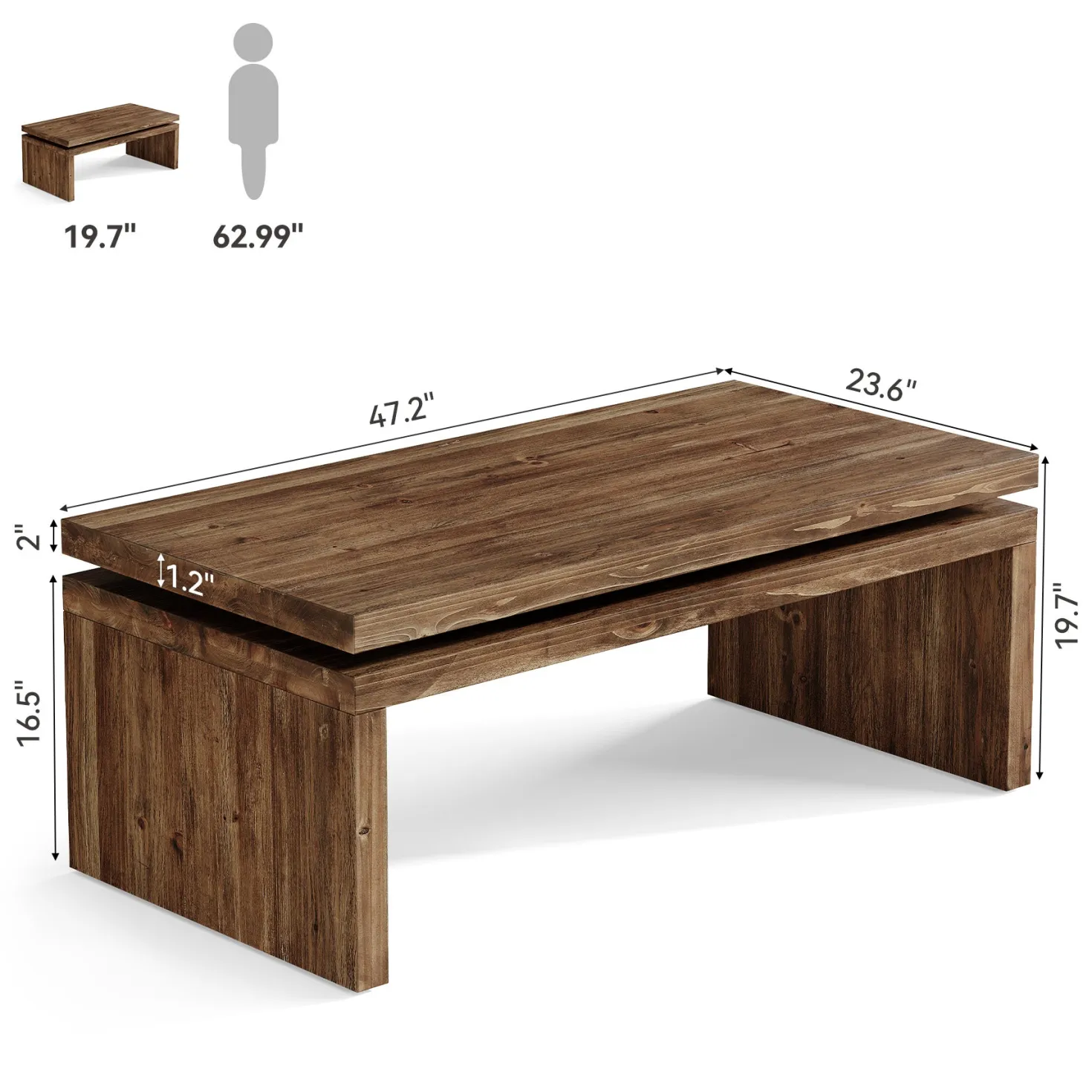 47" Solid Wood Coffee Table, Farmhouse Rectangle Cocktail Table with Thick Tabletop for Living Room