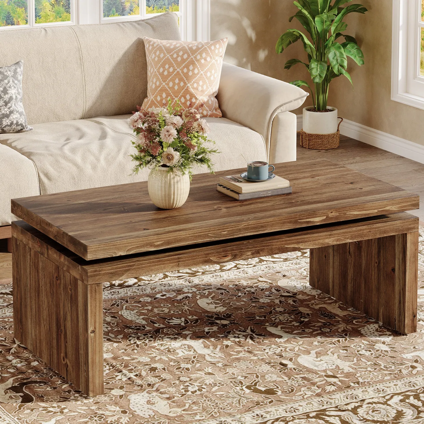 47" Solid Wood Coffee Table, Farmhouse Rectangle Cocktail Table with Thick Tabletop for Living Room