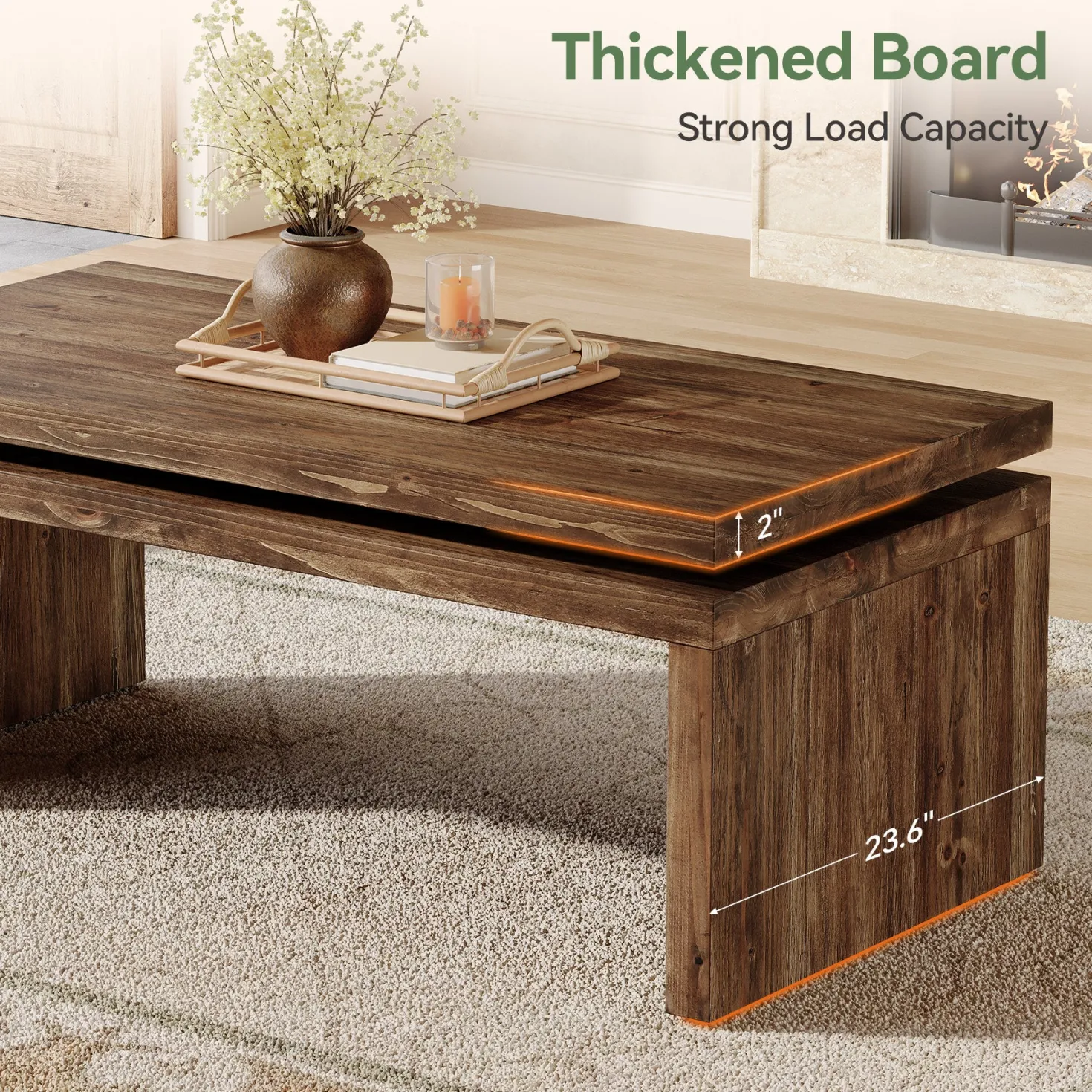 47" Solid Wood Coffee Table, Farmhouse Rectangle Cocktail Table with Thick Tabletop for Living Room