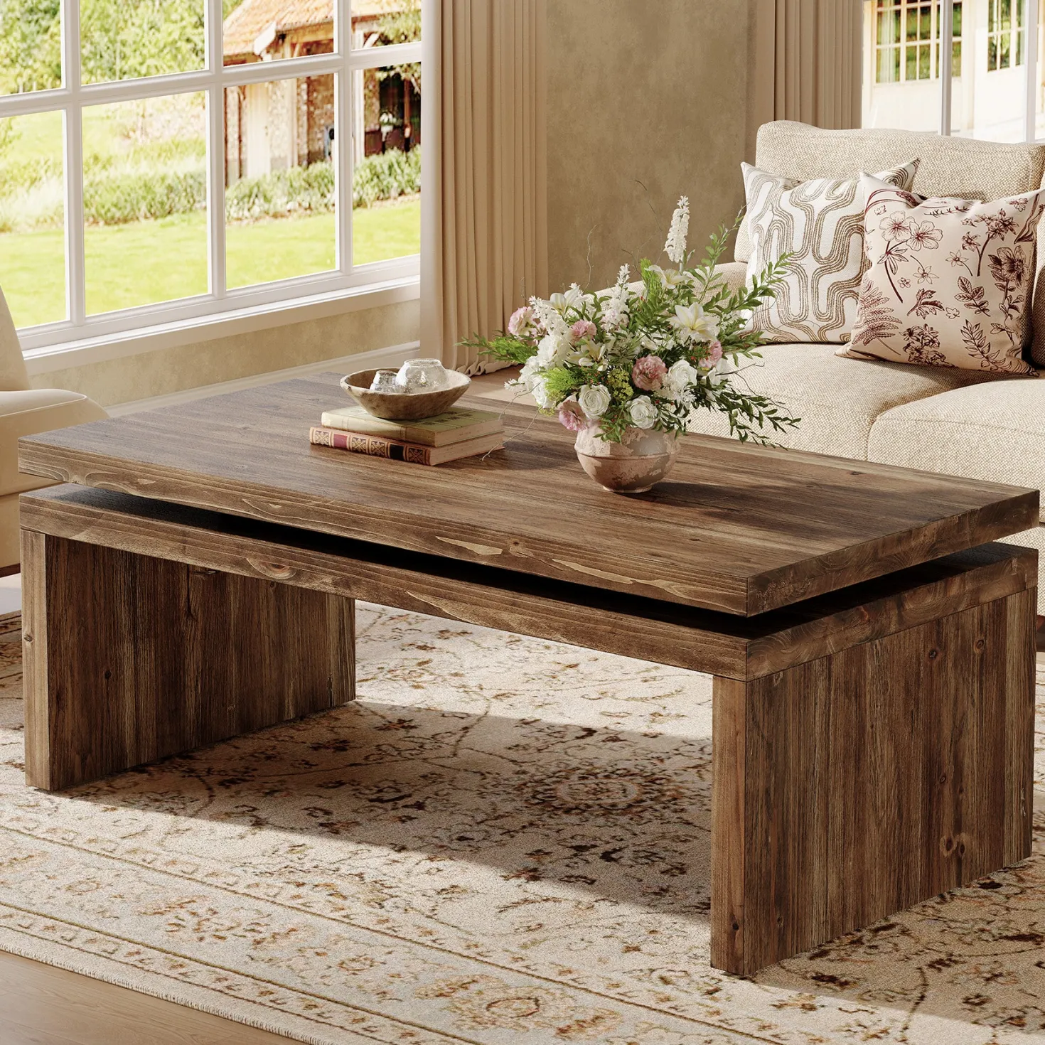 47" Solid Wood Coffee Table, Farmhouse Rectangle Cocktail Table with Thick Tabletop for Living Room