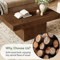 47.24" Solid Wood Coffee Table, Rectangle Center Table with Sturdy Pedestal