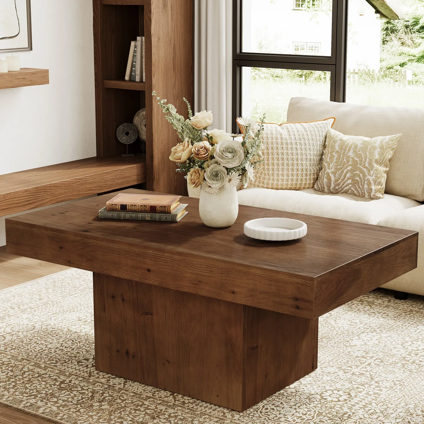 47.24" Solid Wood Coffee Table, Rectangle Center Table with Sturdy Pedestal