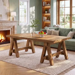47" Solid Wood Coffee Table, Rectangular Center Table Tea Accent Furniture with Trestle Base