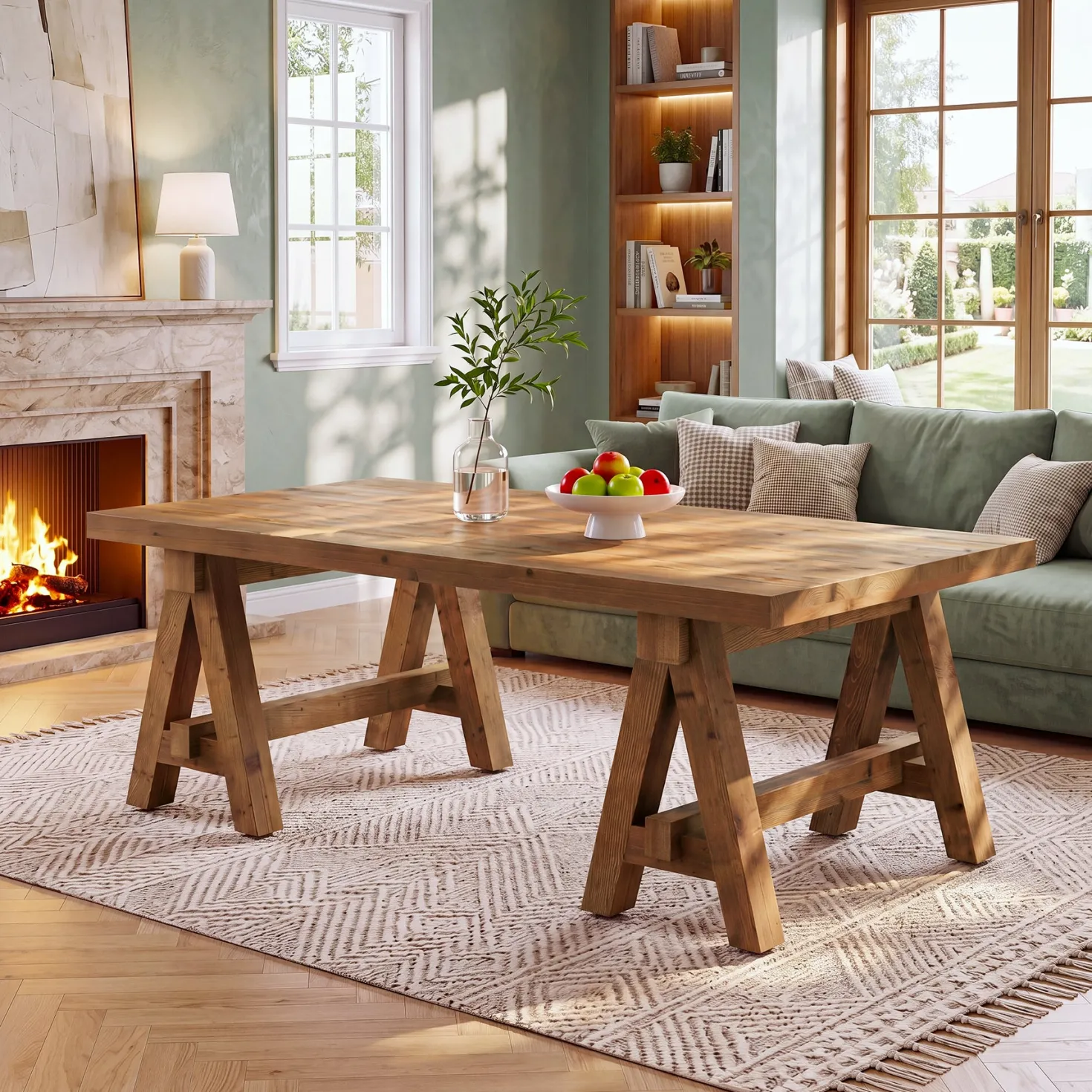 47" Solid Wood Coffee Table, Rectangular Center Table Tea Accent Furniture with Trestle Base