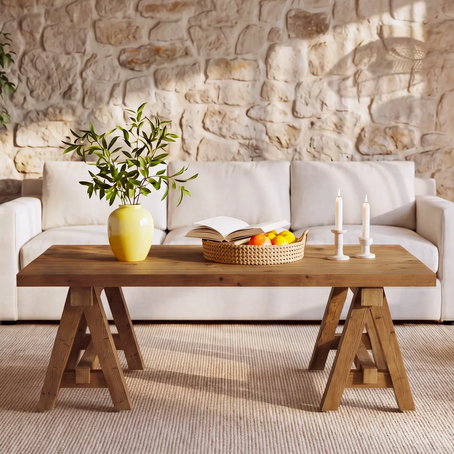 47" Solid Wood Coffee Table, Rectangular Center Table Tea Accent Furniture with Trestle Base