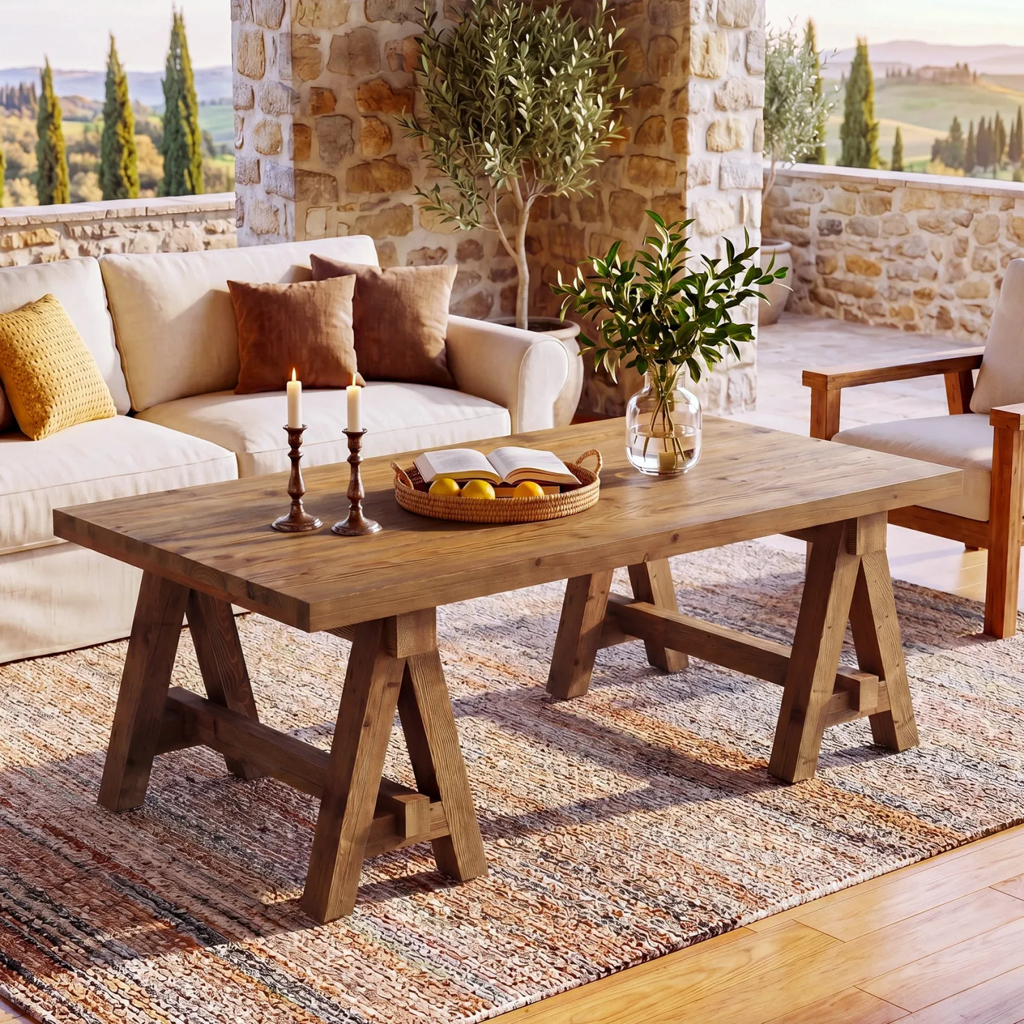 47" Solid Wood Coffee Table, Rectangular Center Table Tea Accent Furniture with Trestle Base