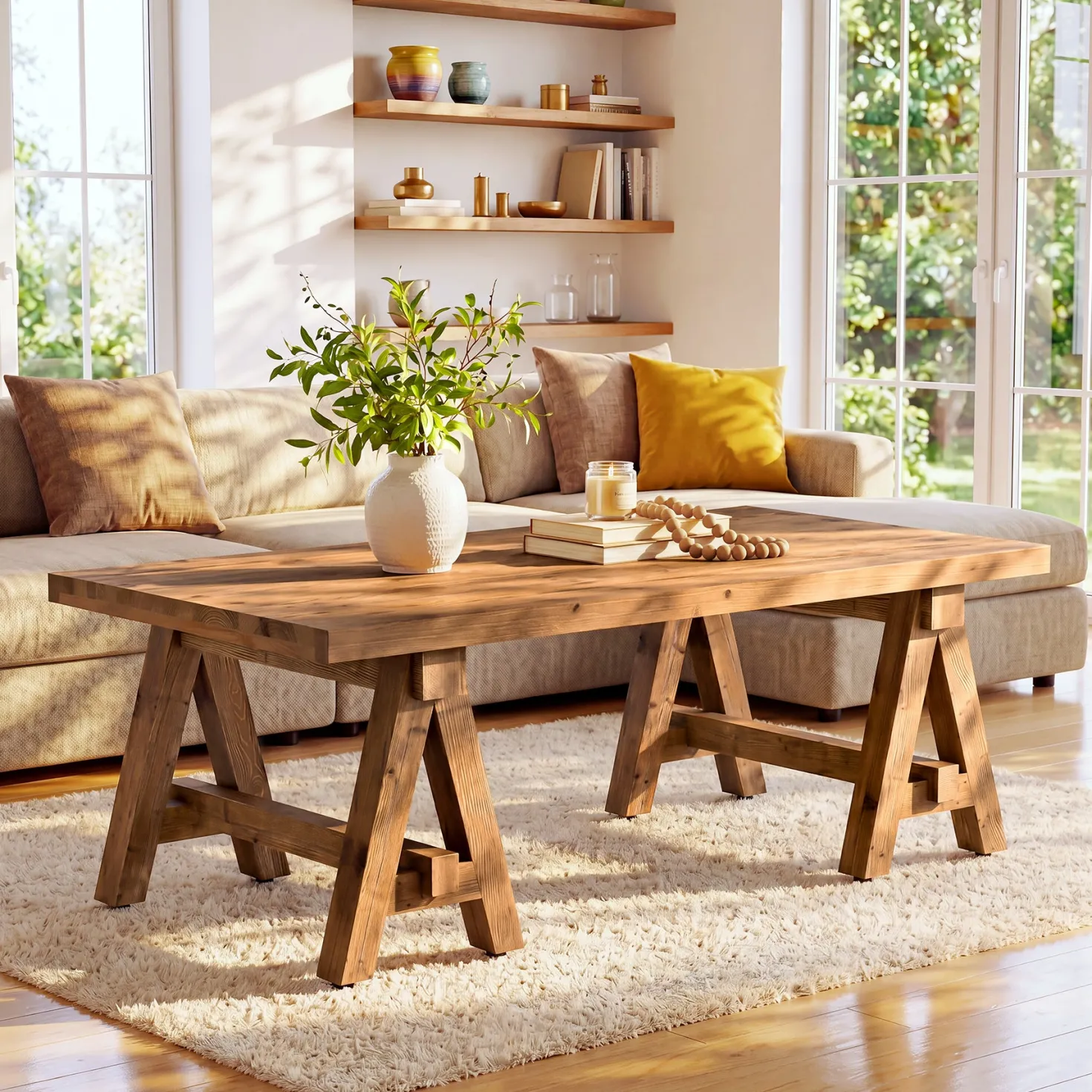 47" Solid Wood Coffee Table, Rectangular Center Table Tea Accent Furniture with Trestle Base