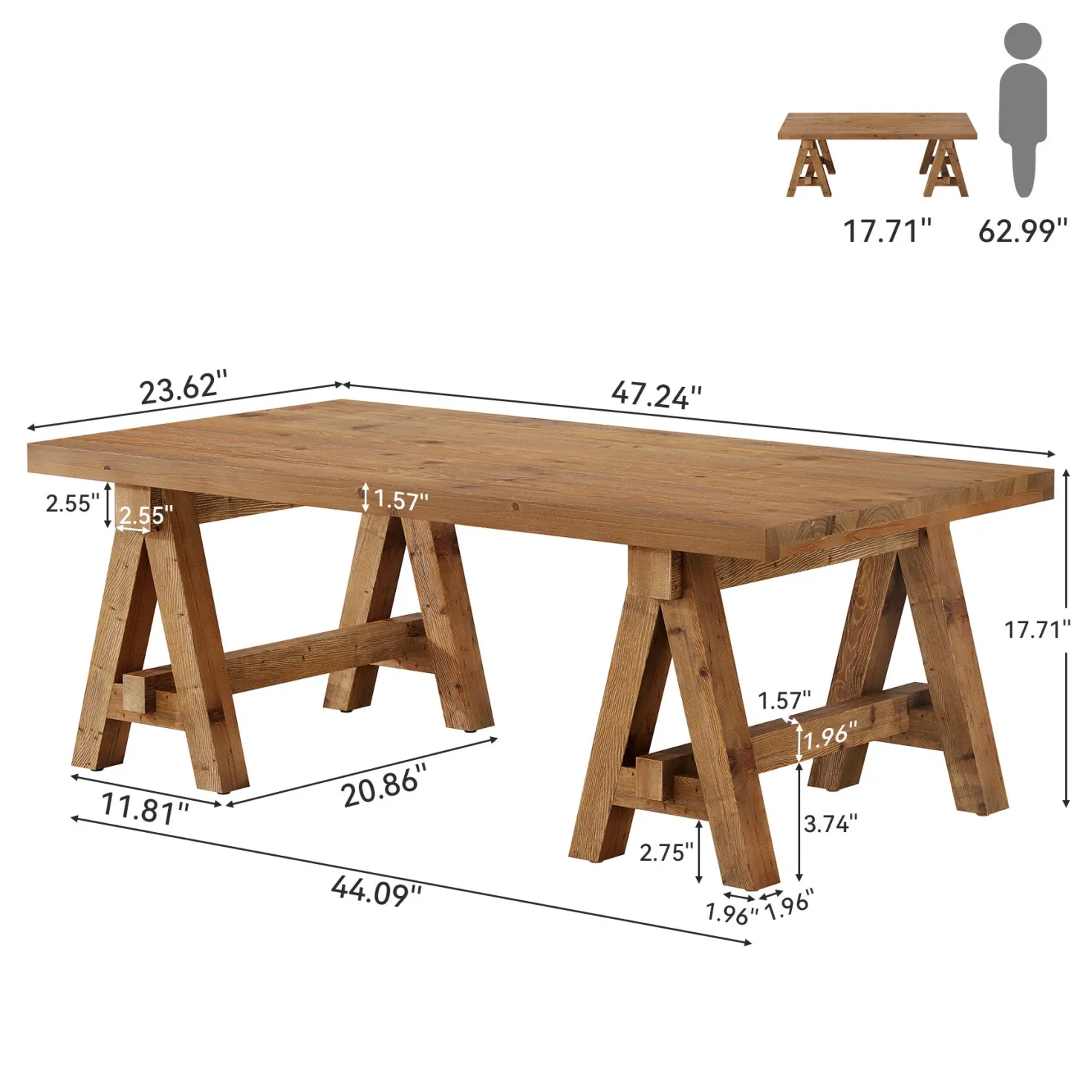 47" Solid Wood Coffee Table, Rectangular Center Table Tea Accent Furniture with Trestle Base