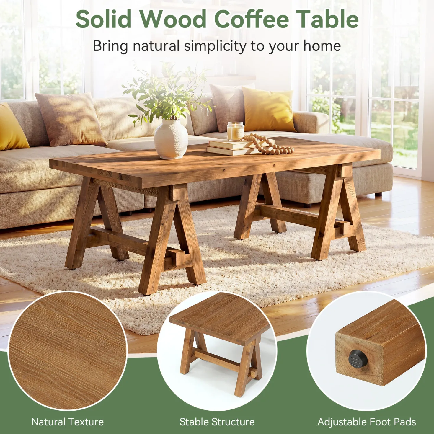 47" Solid Wood Coffee Table, Rectangular Center Table Tea Accent Furniture with Trestle Base