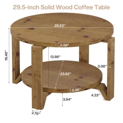 30" Solid Wood Coffee Table, Round Small Center Table with 2-Tier Storage