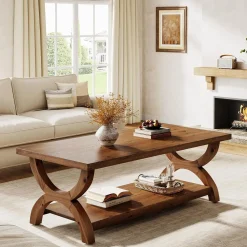 47.2" Solid Wood Coffee Tables, Farmhouse Rectangle Center Tea Table with Storage Shelf