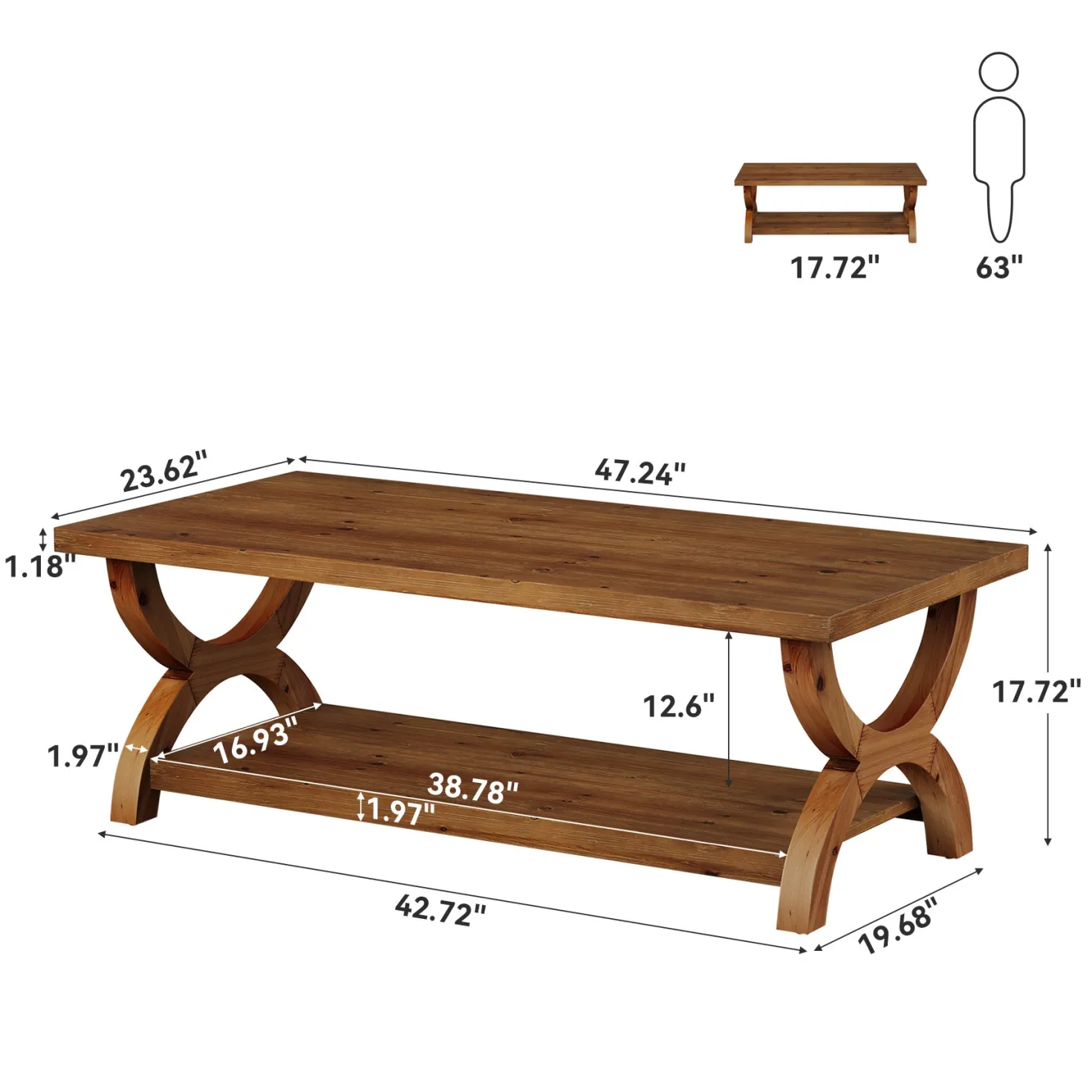 47.2" Solid Wood Coffee Tables, Farmhouse Rectangle Center Tea Table with Storage Shelf