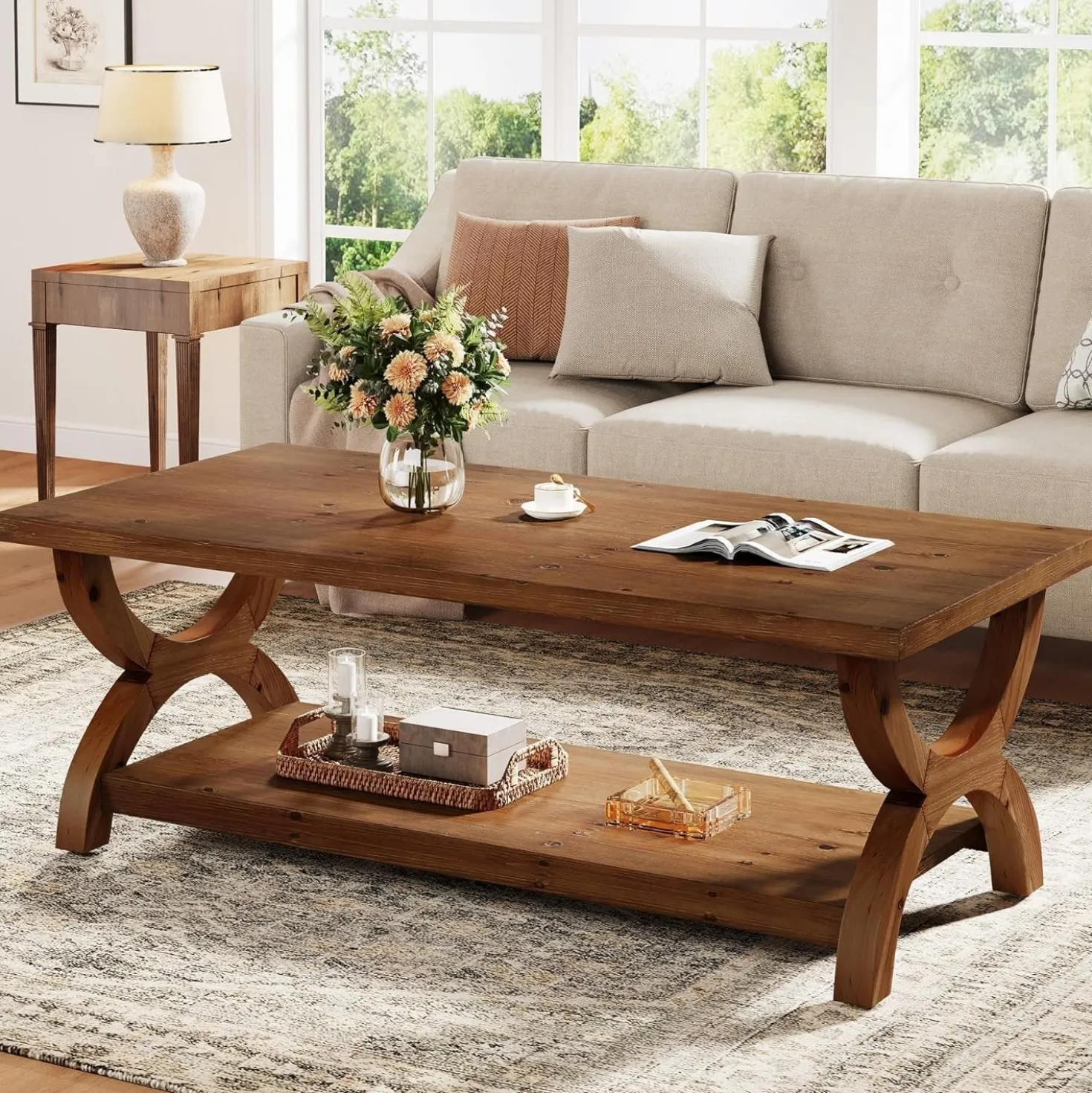 47.2" Solid Wood Coffee Tables, Farmhouse Rectangle Center Tea Table with Storage Shelf
