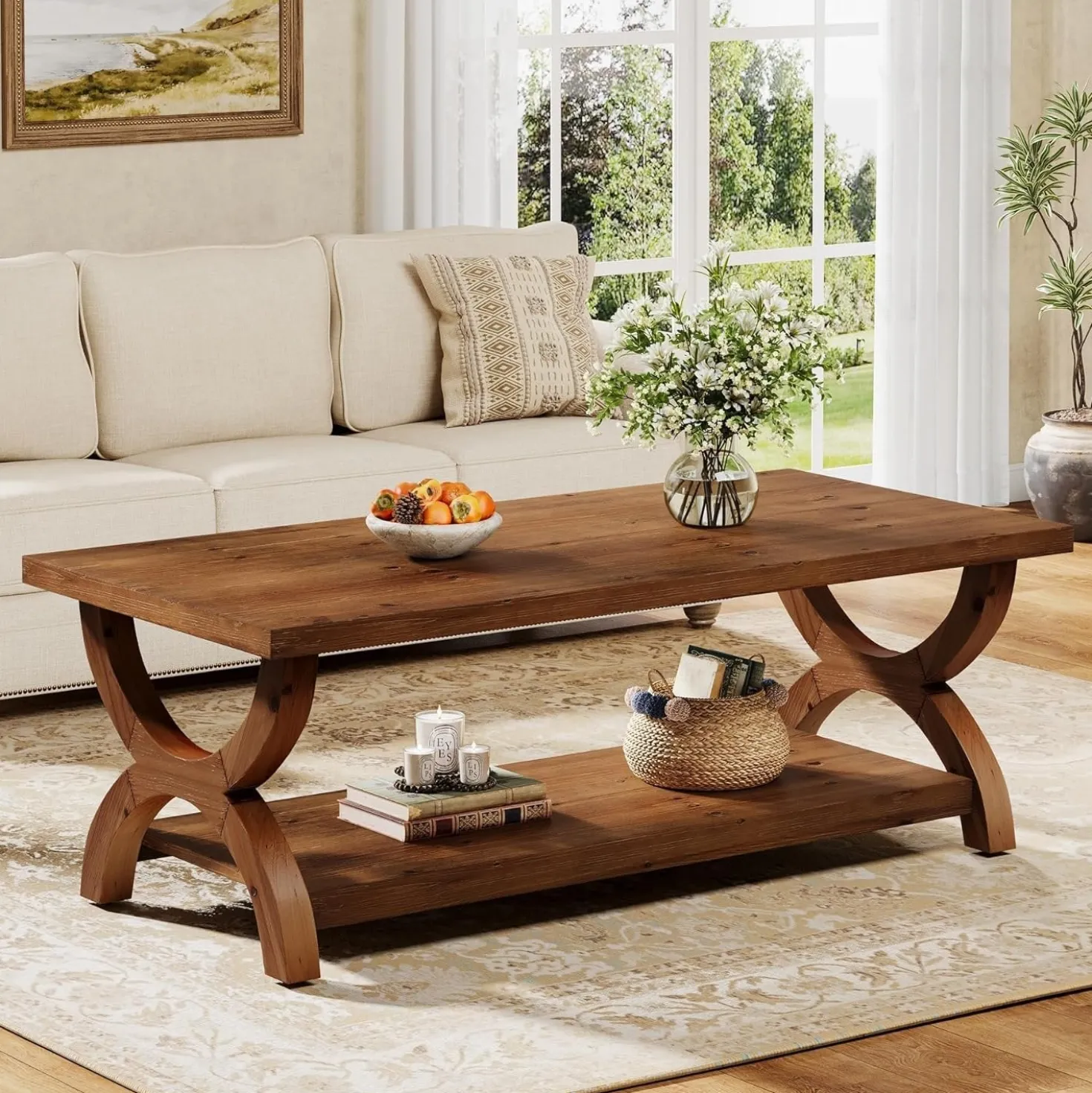 47.2" Solid Wood Coffee Tables, Farmhouse Rectangle Center Tea Table with Storage Shelf