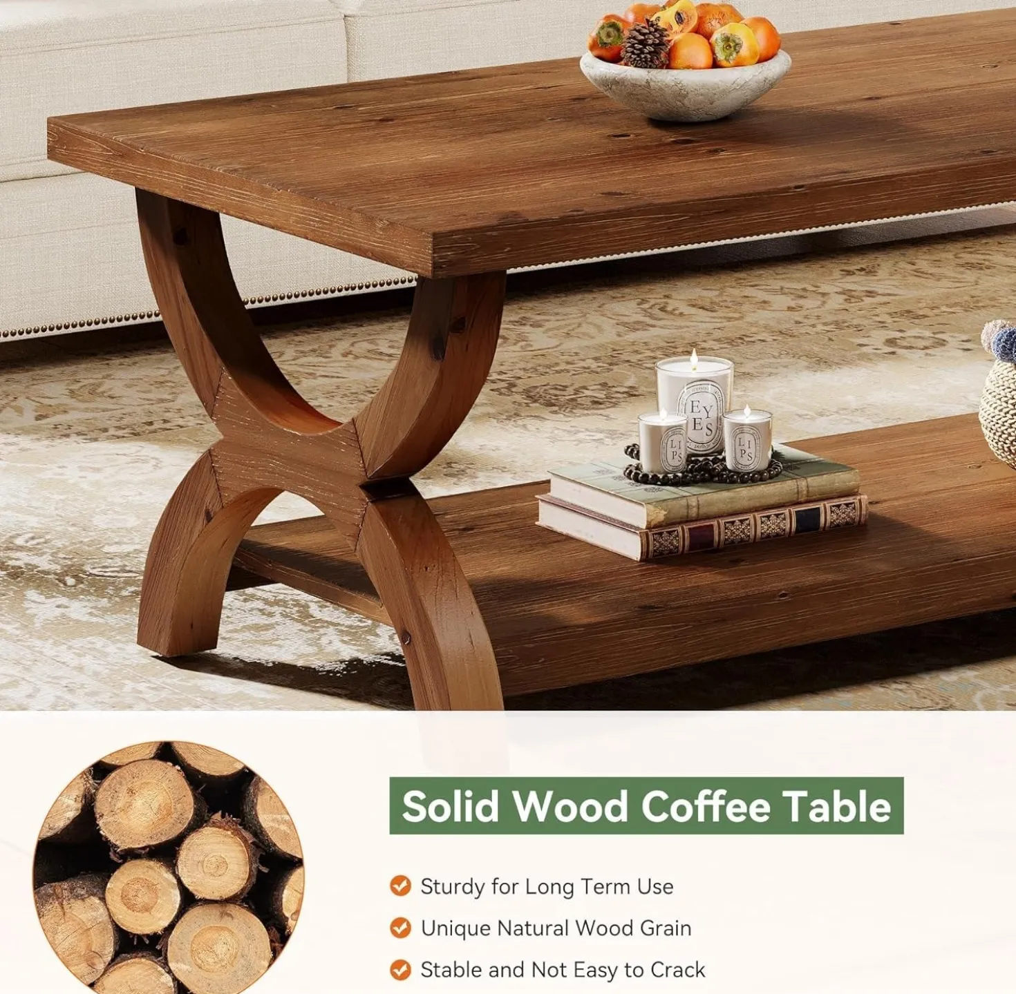 47.2" Solid Wood Coffee Tables, Farmhouse Rectangle Center Tea Table with Storage Shelf