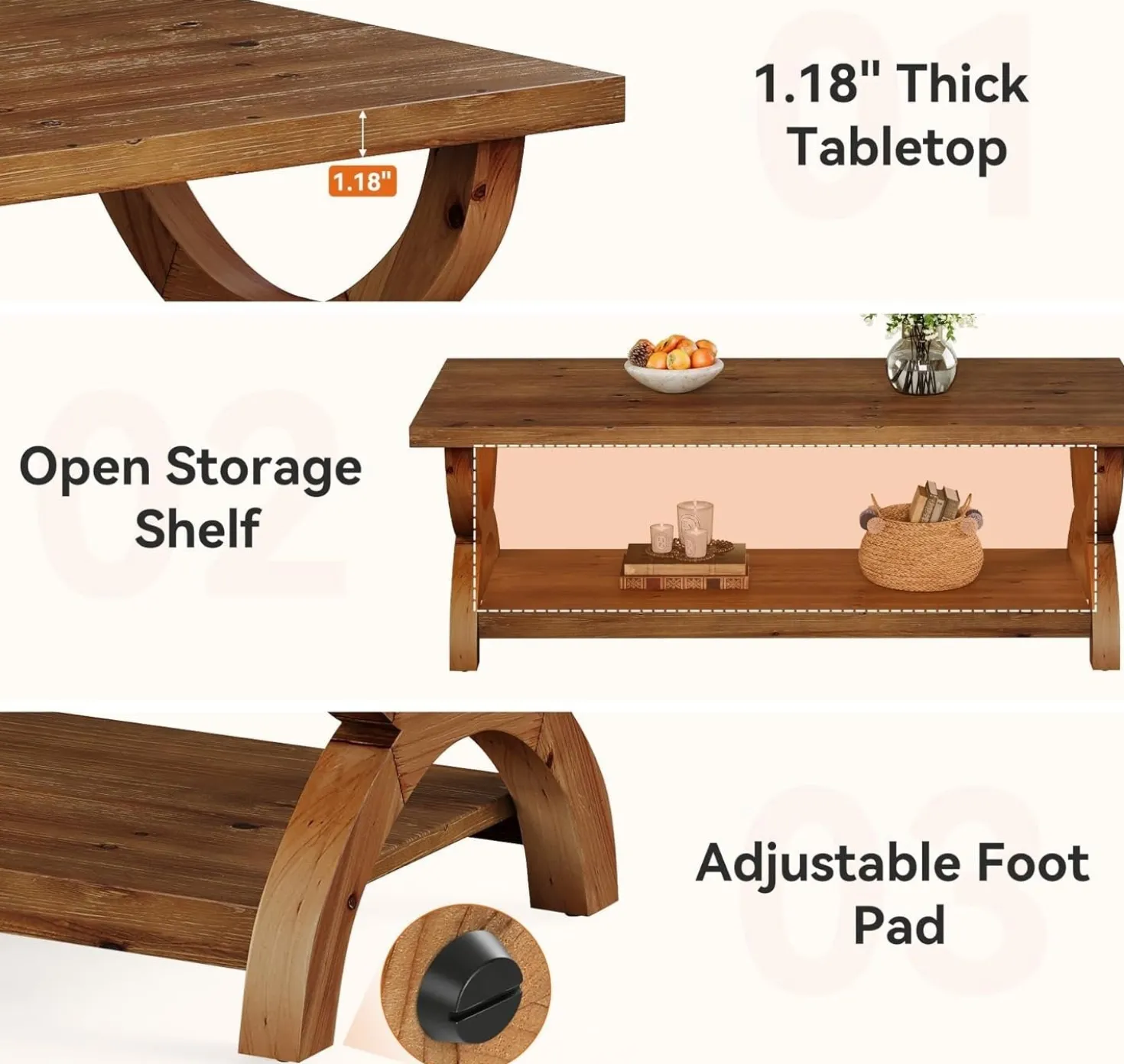47.2" Solid Wood Coffee Tables, Farmhouse Rectangle Center Tea Table with Storage Shelf