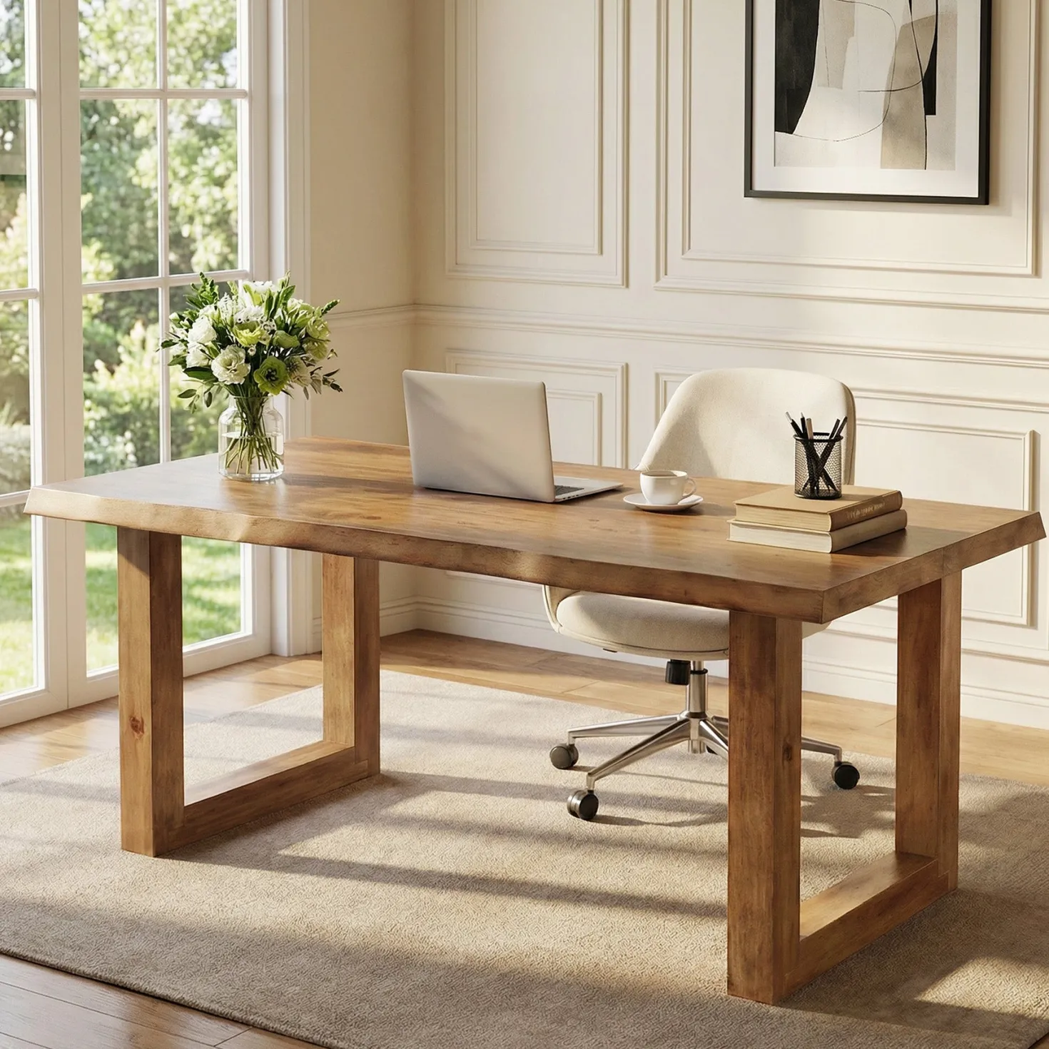 63" Solid Wood Computer Desk, Rectangular Executive Desk Home Office Desk
