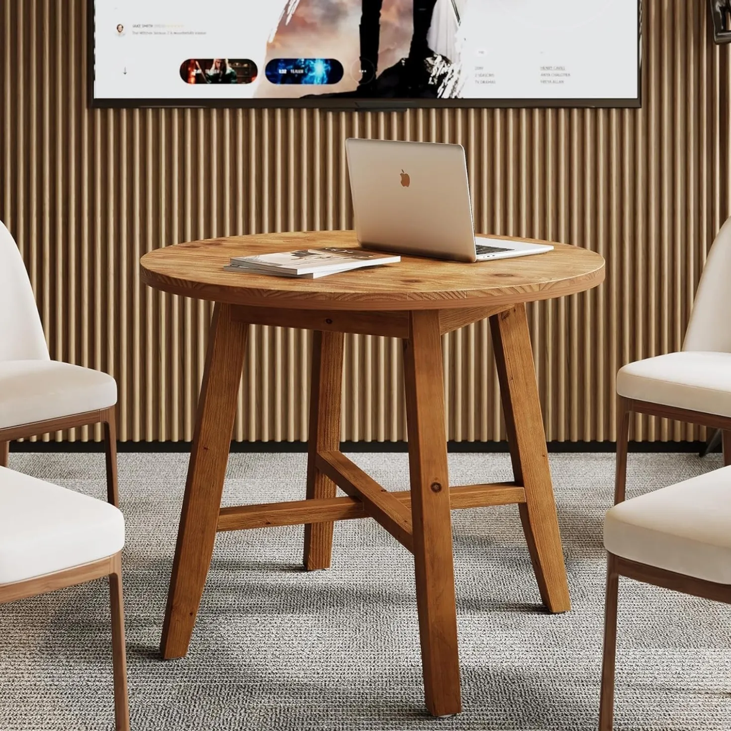 31.5" Solid Wood Conference Table, Small Round Office Table for 2-4