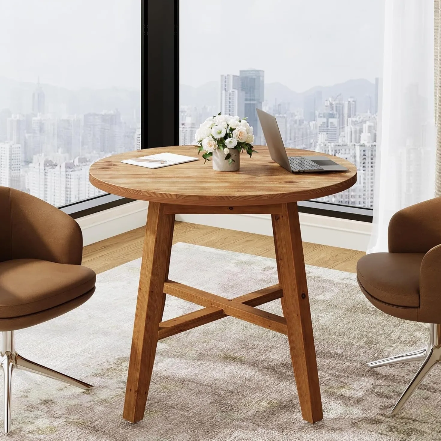 31.5" Solid Wood Conference Table, Small Round Office Table for 2-4