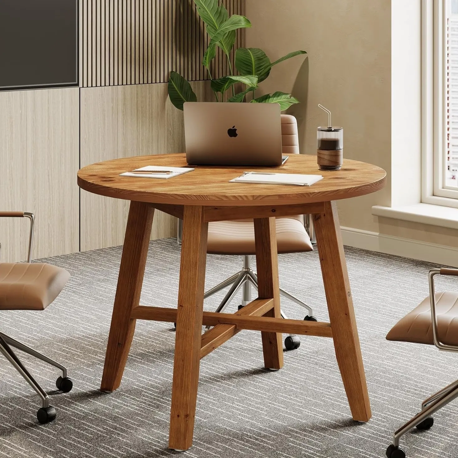 31.5" Solid Wood Conference Table, Small Round Office Table for 2-4