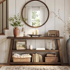 63" Solid Wood Console Table, 3-Tier Farmhouse Entryway Table with Storage Shelves