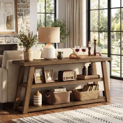 63" Solid Wood Console Table, 3-Tier Farmhouse Entryway Table with Storage Shelves