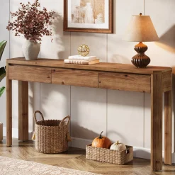 63" Solid Wood Console Table, Farmhouse Entryway Table with 3 Drawers